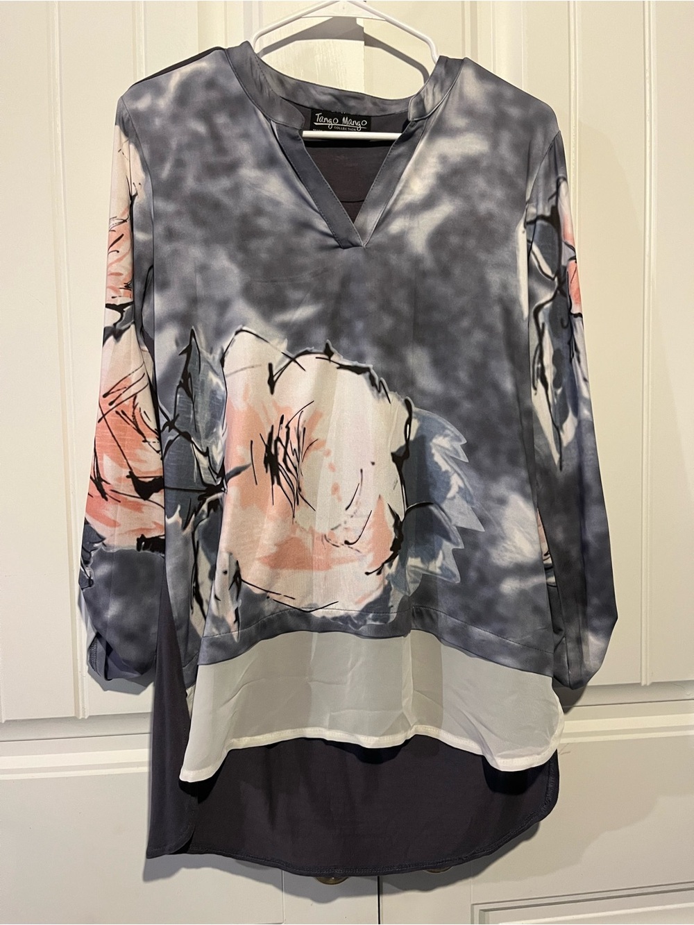 Mango Gray Tie-Dye Floral Long Sleeve Blouse with Pink Accents